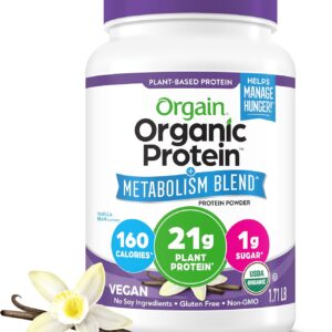 Organic Protein + Metabolism Blend Powder, Vanilla Bean - 21G Plant Protein, 5G Prebiotic Fiber, No Lactose Ingredients, Low Sugar, Non-Gmo, for Shakes & Smoothies, 1.71 Lb